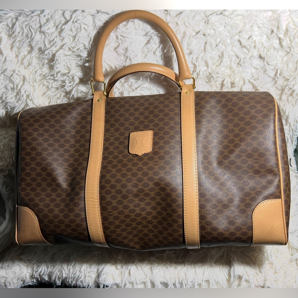 Celine Brown Tan Travel Bag with Logo Pattern